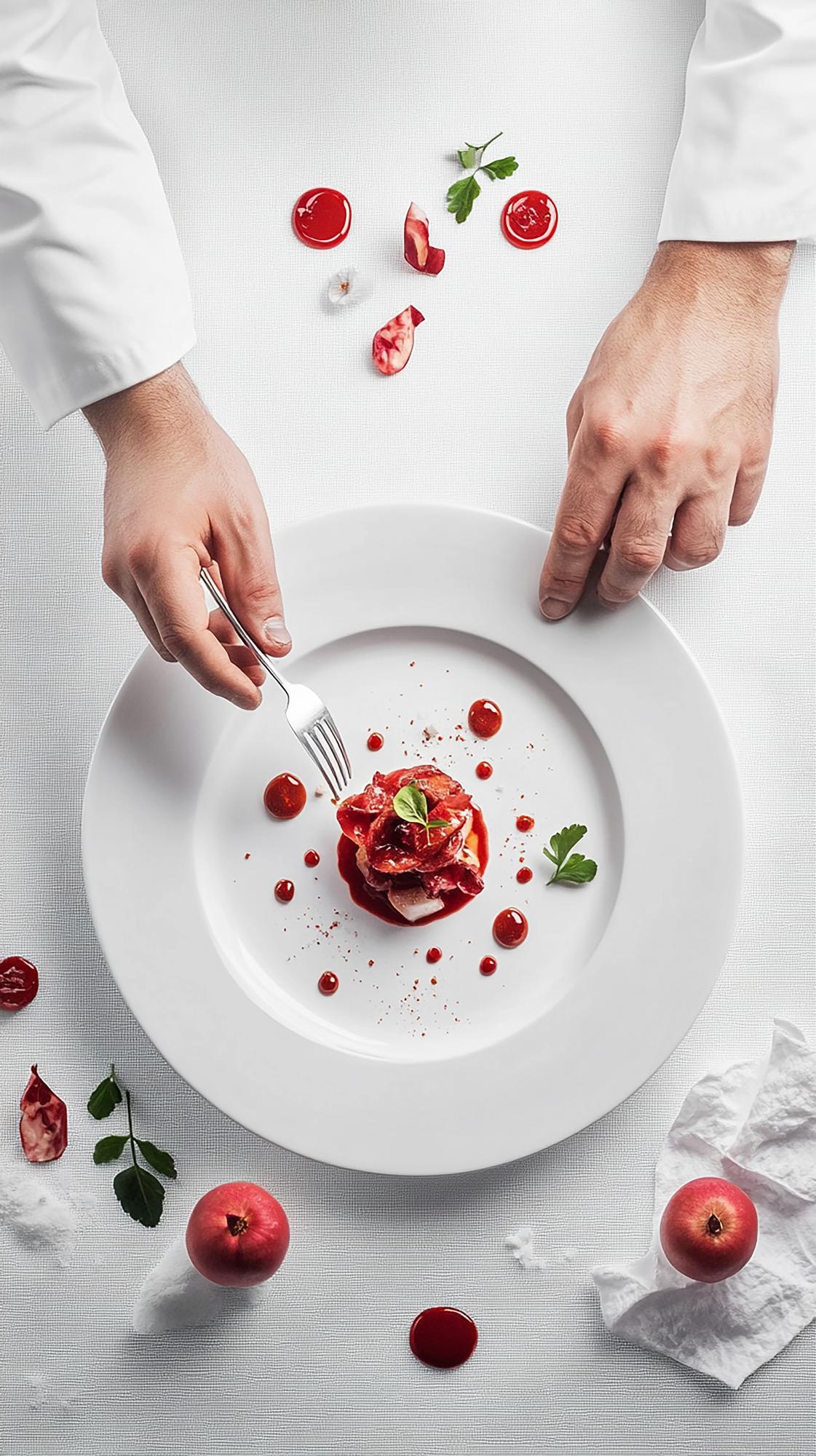 Chef preparing a plated modern dish in a startup kitchen